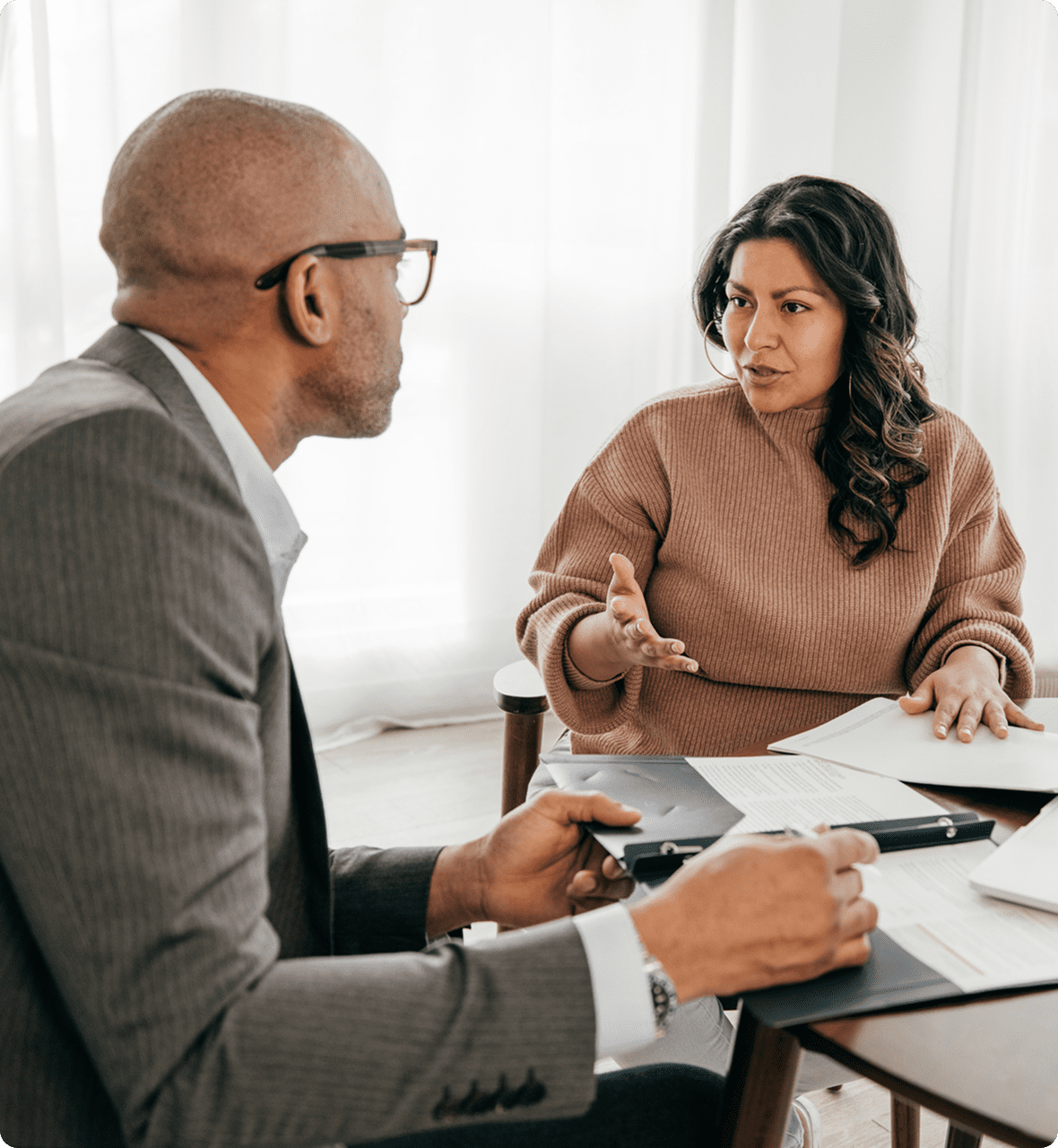 Business meeting conversation in office