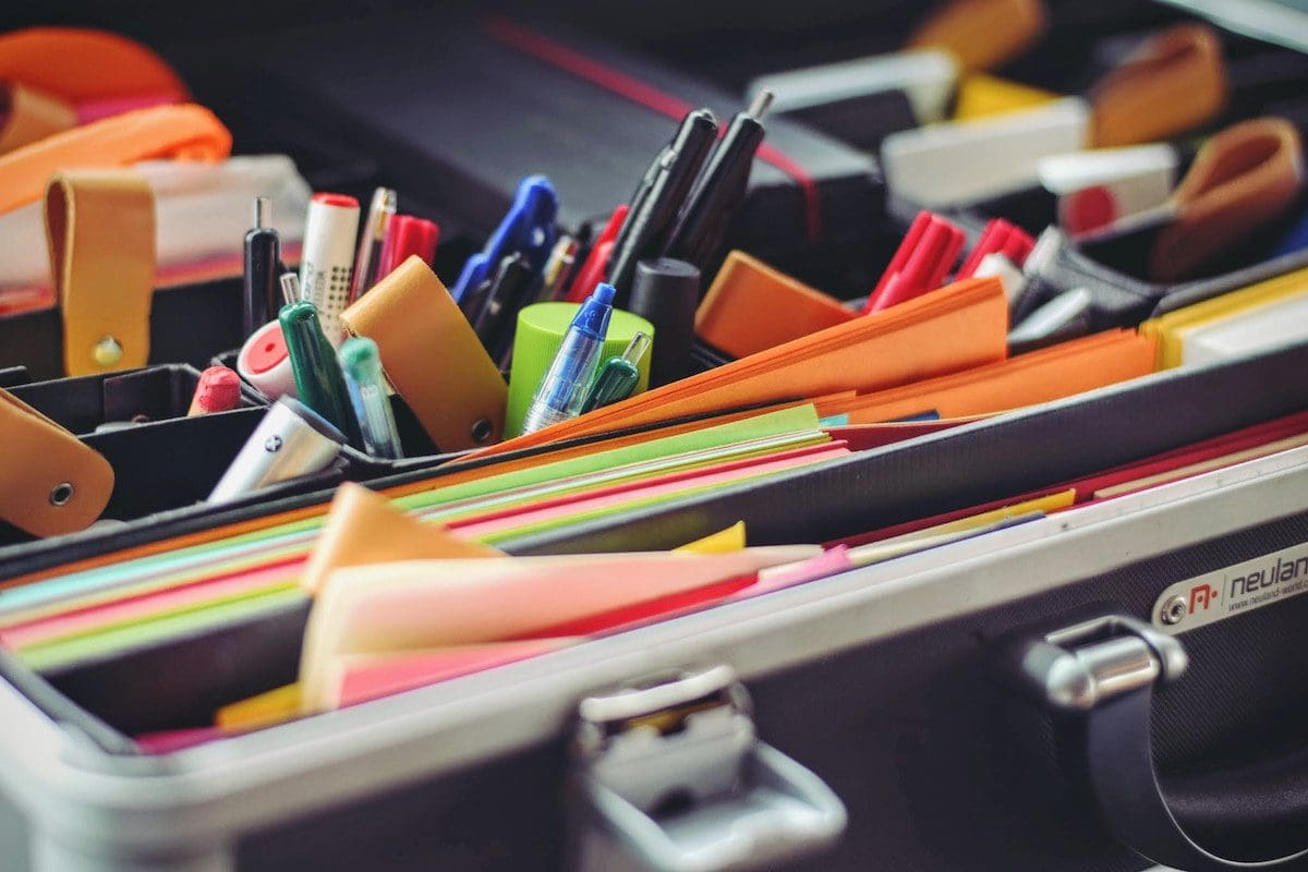Office supplies in an organized case
